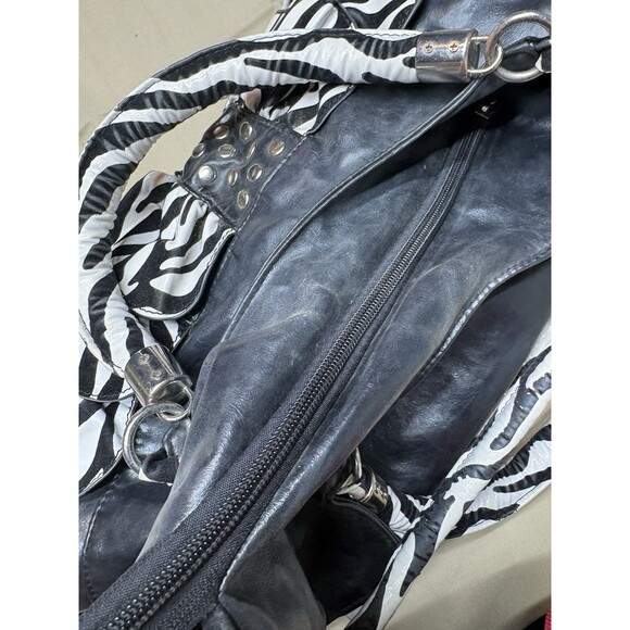 Vintage Y2K Zebra Print Ruffle Handbag Studded Hobo Bag Retro McBling Aesthetic - Picture 7 of 12